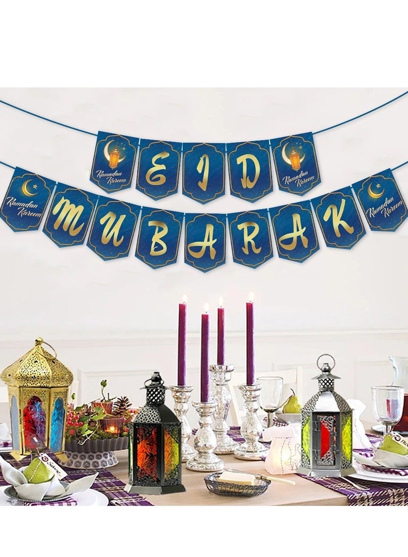 زينة عيد الميلاد للمنزل، لافتة عيد مبارك، فانوس على شكل نجمة وقمر، ديكورات جدارية معلقة لرمضان، لوازم حفلات المهرجان الإسلامي (1 لافتة عيد مبارك و12 إكليل من النجوم والقمر) - Image 5